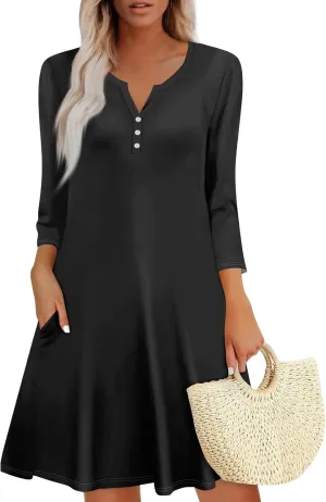 3/4 Sleeve Dress for Women Summer Fall Button Dwon V Neck Mini Dress Casual Loose A Line T Shirt Dresses with Pockets