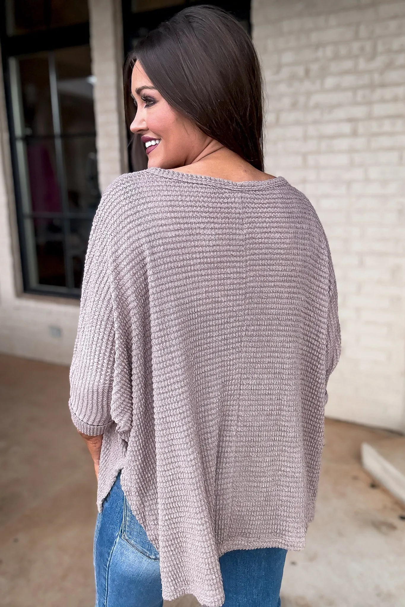 3/4 Sleeve V-Neck Hi-Low Hem Jacquard Sweater