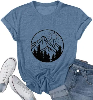 Adventure Awaits Shirts for Women Cute Sunrise Eagle Graphic Hiking T Shirts Outdoor Casual Short Sleeve Wildflower Tops