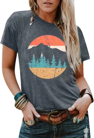 Adventure Shirts Women Funny Nature Graphic Tee Retro Camping Mountain T-Shirt Vintage Hiking Tops Casual Highway Tee