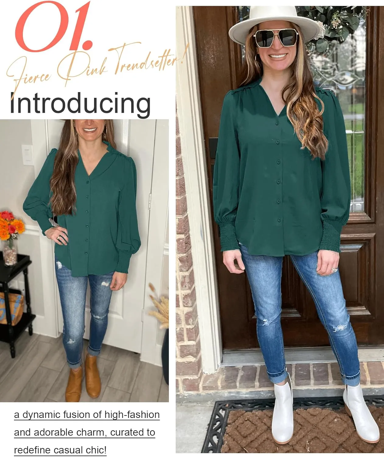 Aifer Womens Blouse Lantern Long Sleeve Dressy Casual Tops V Neck Button Down Shirts Blouses 2025