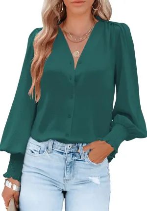 Aifer Womens Blouse Lantern Long Sleeve Dressy Casual Tops V Neck Button Down Shirts Blouses 2025