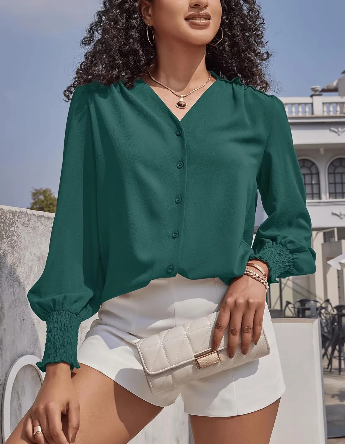 Aifer Womens Blouse Lantern Long Sleeve Dressy Casual Tops V Neck Button Down Shirts Blouses 2025