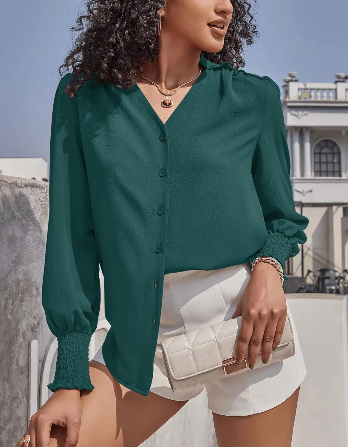 Aifer Womens Blouse Lantern Long Sleeve Dressy Casual Tops V Neck Button Down Shirts Blouses 2025