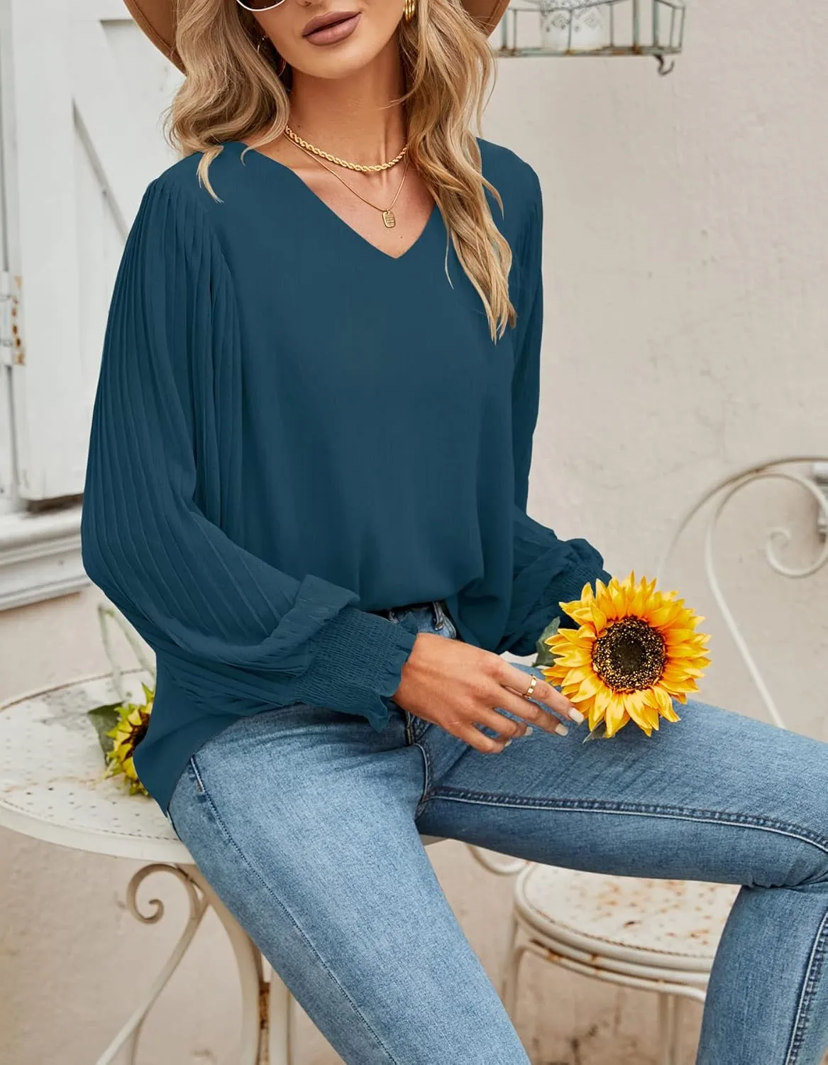 Aifer Womens V Neck Chiffon Blouses Pleated Lantern Sleeve Flowy Dressy Tops Elegant Business Casual Outfits