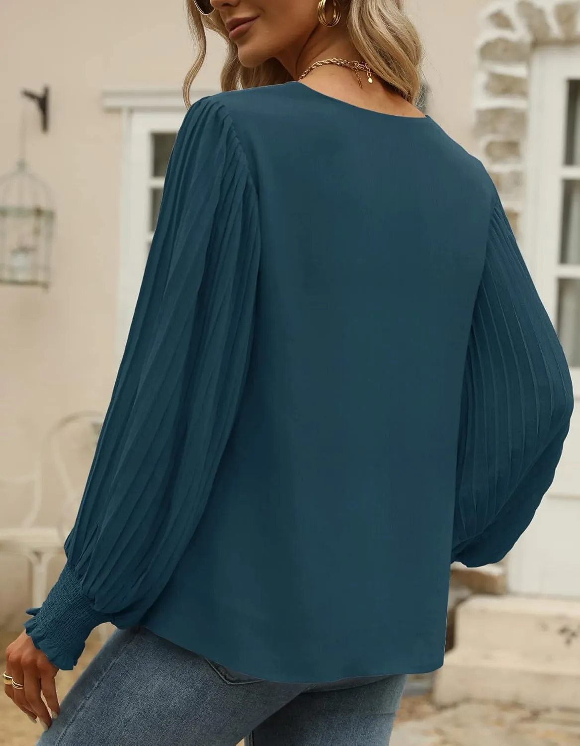 Aifer Womens V Neck Chiffon Blouses Pleated Lantern Sleeve Flowy Dressy Tops Elegant Business Casual Outfits
