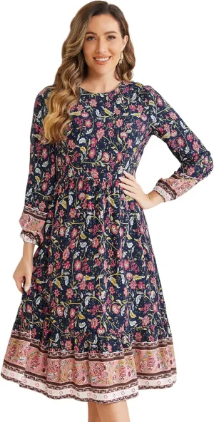 Allegra K Women's Boho Floral Dresses 2024 Spring Elastic Waist Flowy Long Sleeve Midi Dress