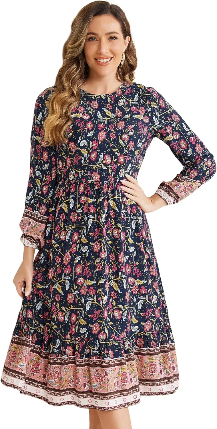 Allegra K Women's Boho Floral Dresses 2024 Spring Elastic Waist Flowy Long Sleeve Midi Dress