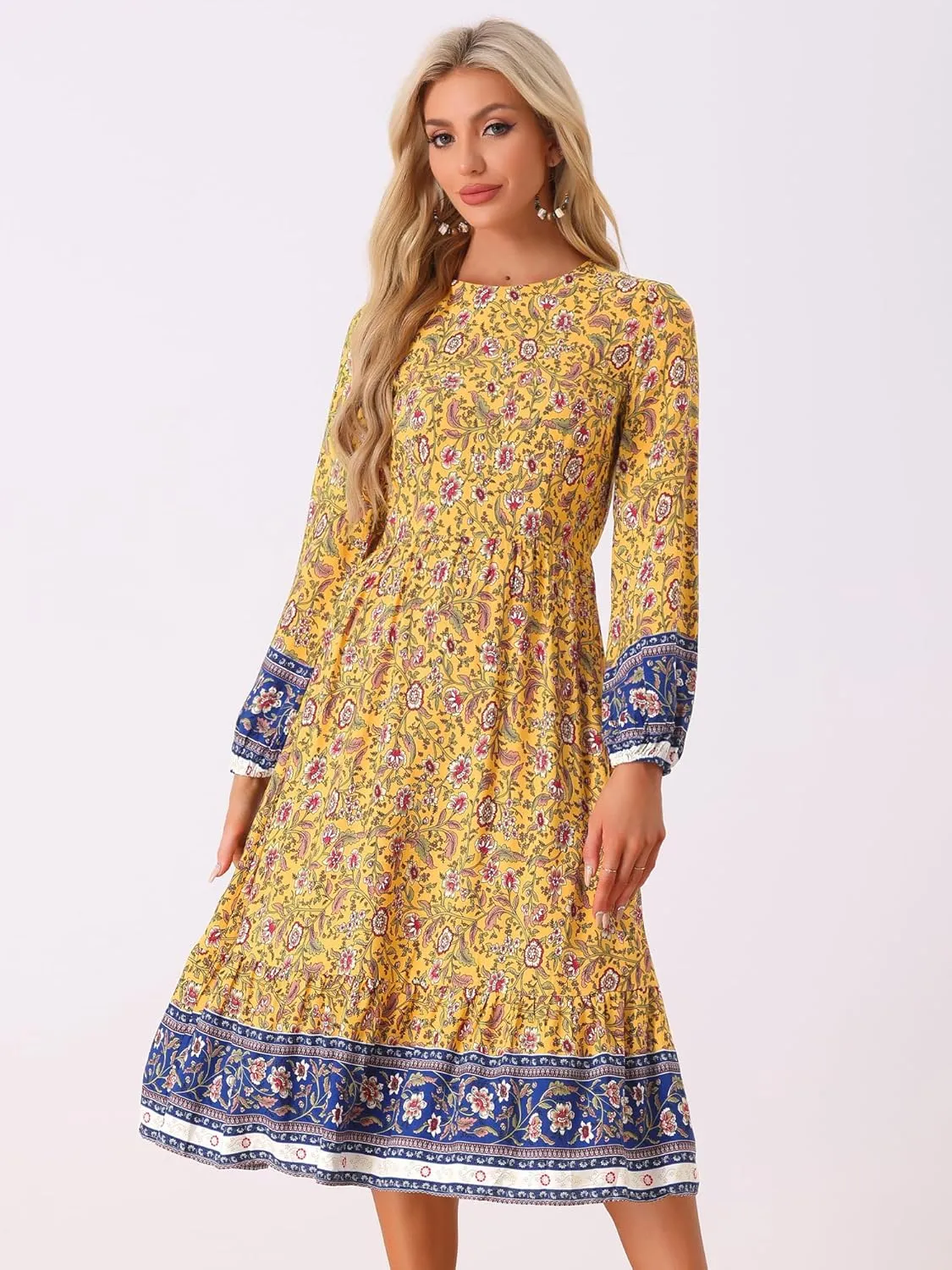 Allegra K Women's Boho Floral Dresses 2024 Spring Elastic Waist Flowy Long Sleeve Midi Dress