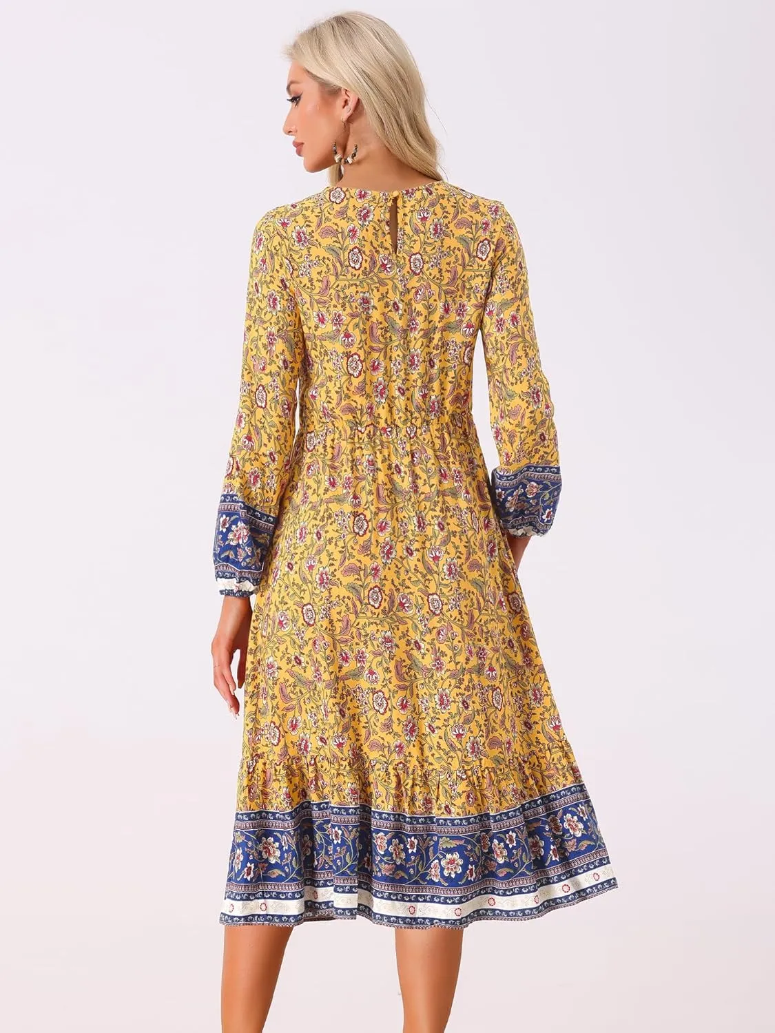 Allegra K Women's Boho Floral Dresses 2024 Spring Elastic Waist Flowy Long Sleeve Midi Dress