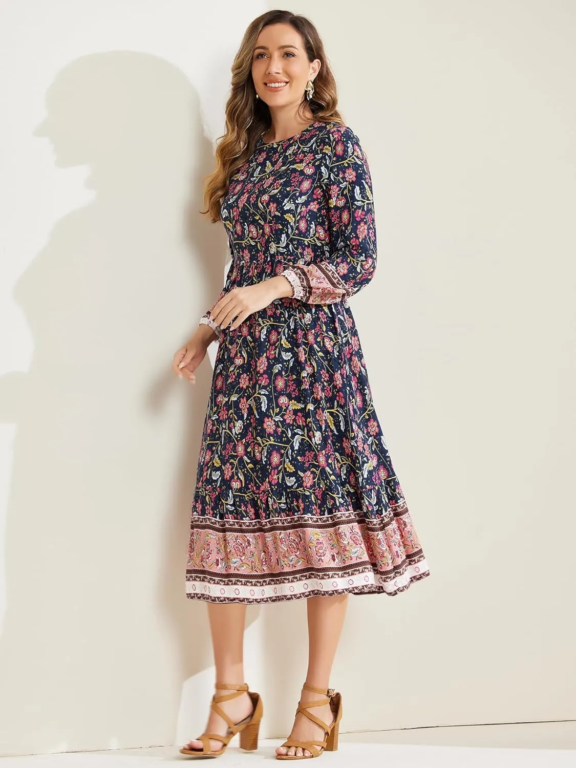 Allegra K Women's Boho Floral Dresses 2024 Spring Elastic Waist Flowy Long Sleeve Midi Dress