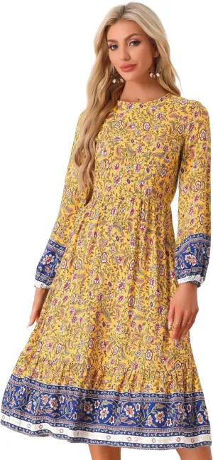 Allegra K Women's Boho Floral Dresses 2024 Spring Elastic Waist Flowy Long Sleeve Midi Dress