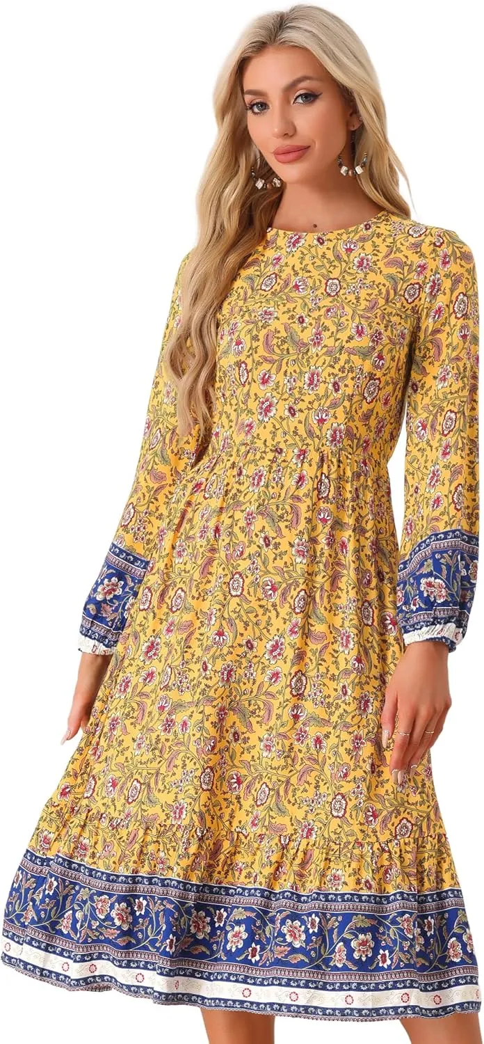 Allegra K Women's Boho Floral Dresses 2024 Spring Elastic Waist Flowy Long Sleeve Midi Dress