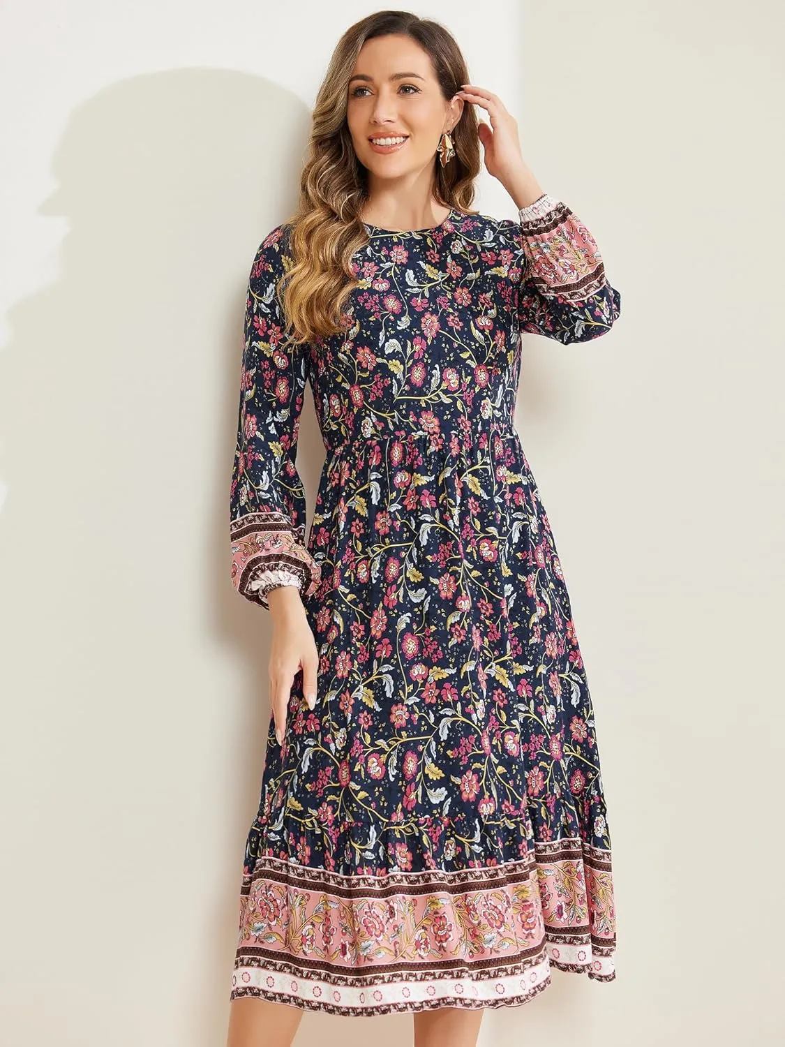 Allegra K Women's Boho Floral Dresses 2024 Spring Elastic Waist Flowy Long Sleeve Midi Dress
