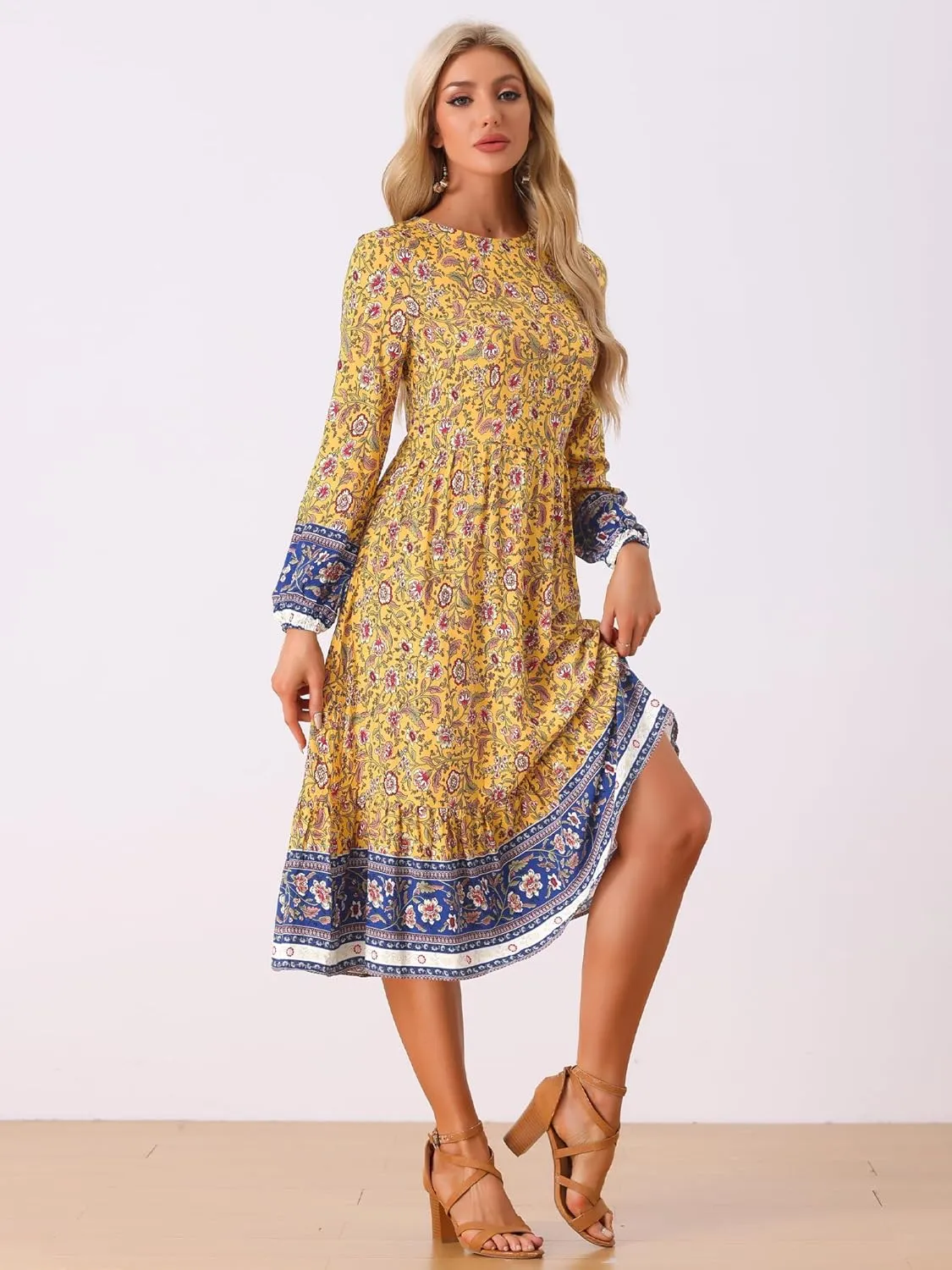 Allegra K Women's Boho Floral Dresses 2024 Spring Elastic Waist Flowy Long Sleeve Midi Dress