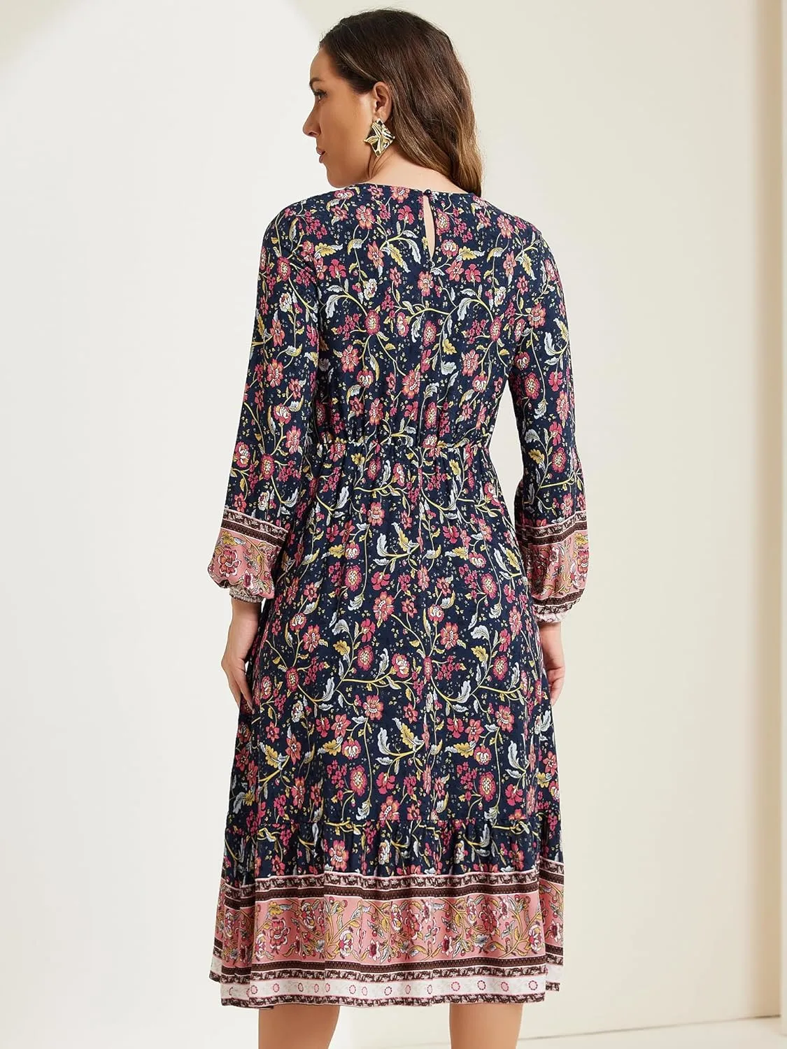 Allegra K Women's Boho Floral Dresses 2024 Spring Elastic Waist Flowy Long Sleeve Midi Dress