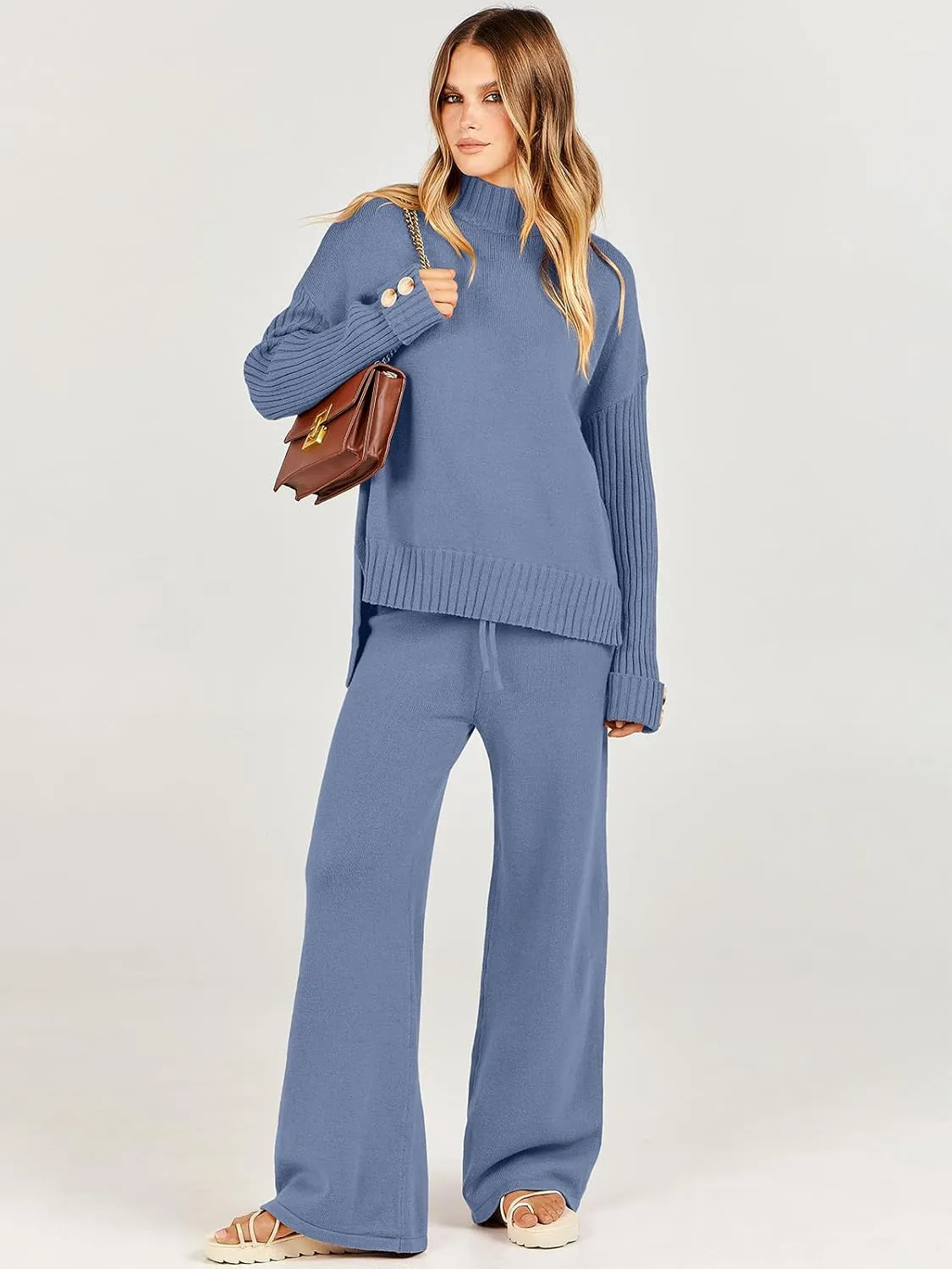 ANRABESS Women's 2 Piece Outfit Sweater Lounge Sets Long Sleeve Knit Pullover Wide Leg Pant Tracksuit Loungewear 2025 Fashion