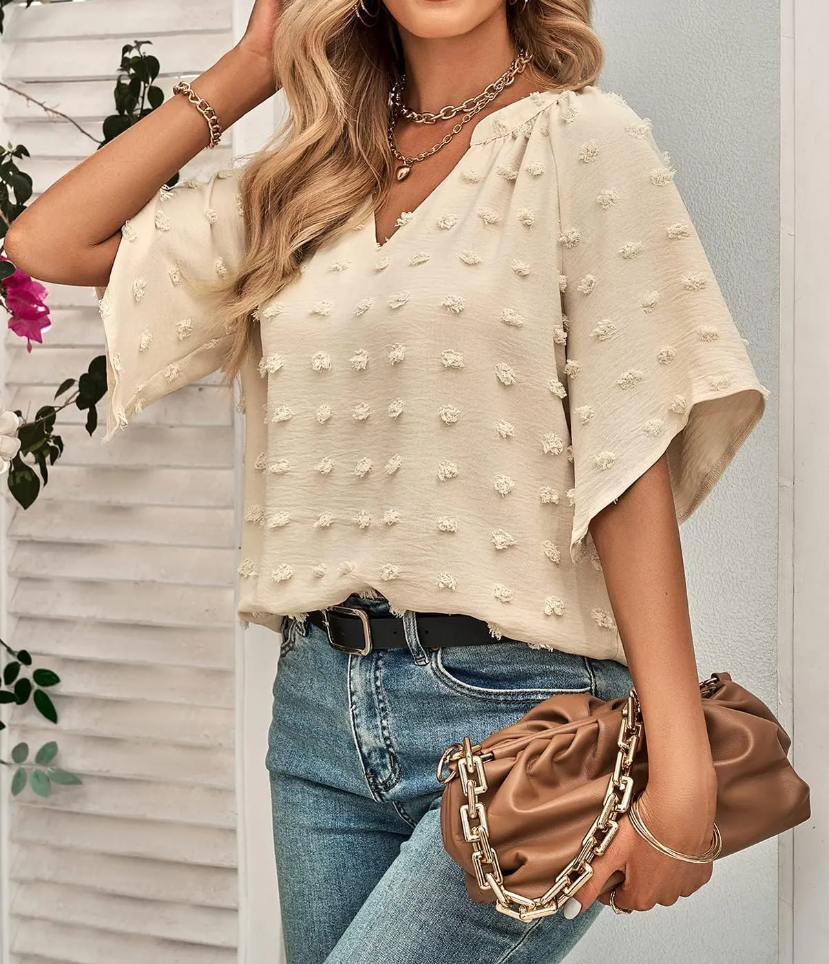ARJOSA Women's Summer 3/4 Flutter Sleeve Chiffon Work Blouses Business Casual Babydoll Tops Dressy