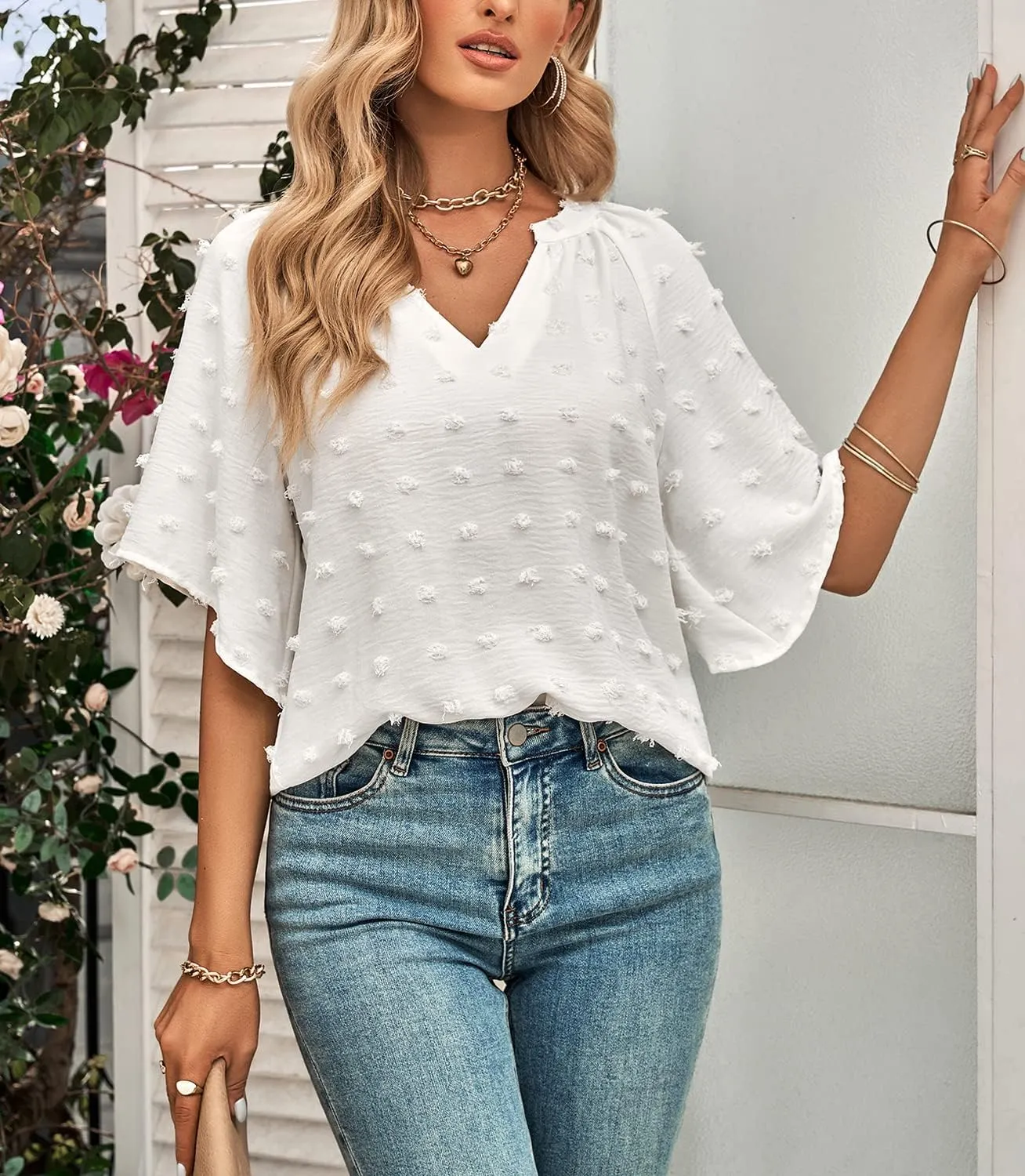 ARJOSA Women's Summer 3/4 Flutter Sleeve Chiffon Work Blouses Business Casual Babydoll Tops Dressy