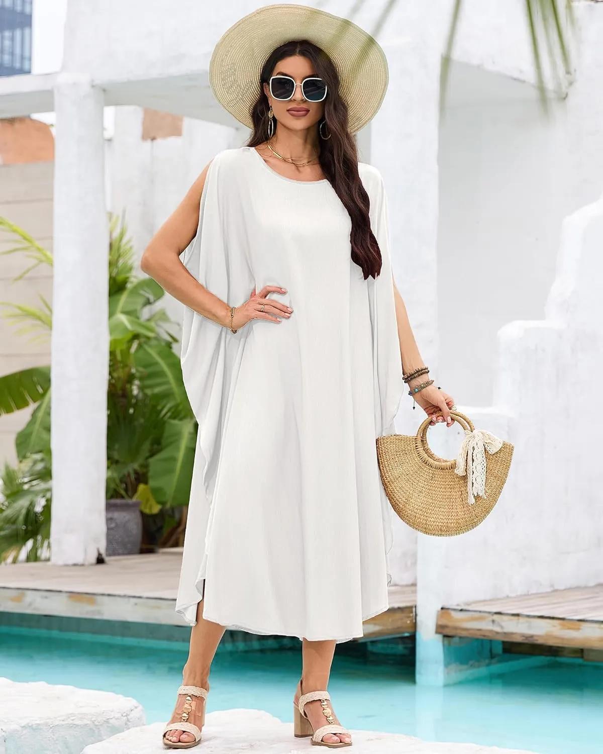 Bsubseach Kaftan Dresses for Women Batwing Sleeve Beach Cover Up Solid Color Plus Size Caftan Long Loungewear Dress