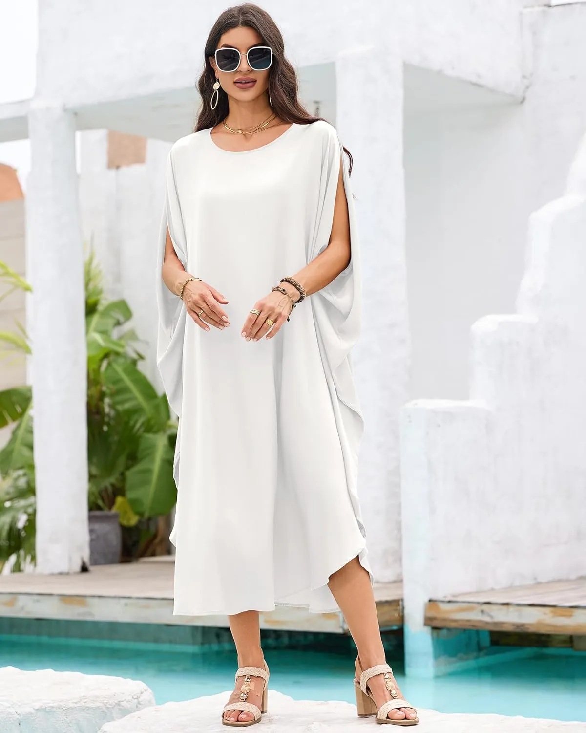 Bsubseach Kaftan Dresses for Women Batwing Sleeve Beach Cover Up Solid Color Plus Size Caftan Long Loungewear Dress