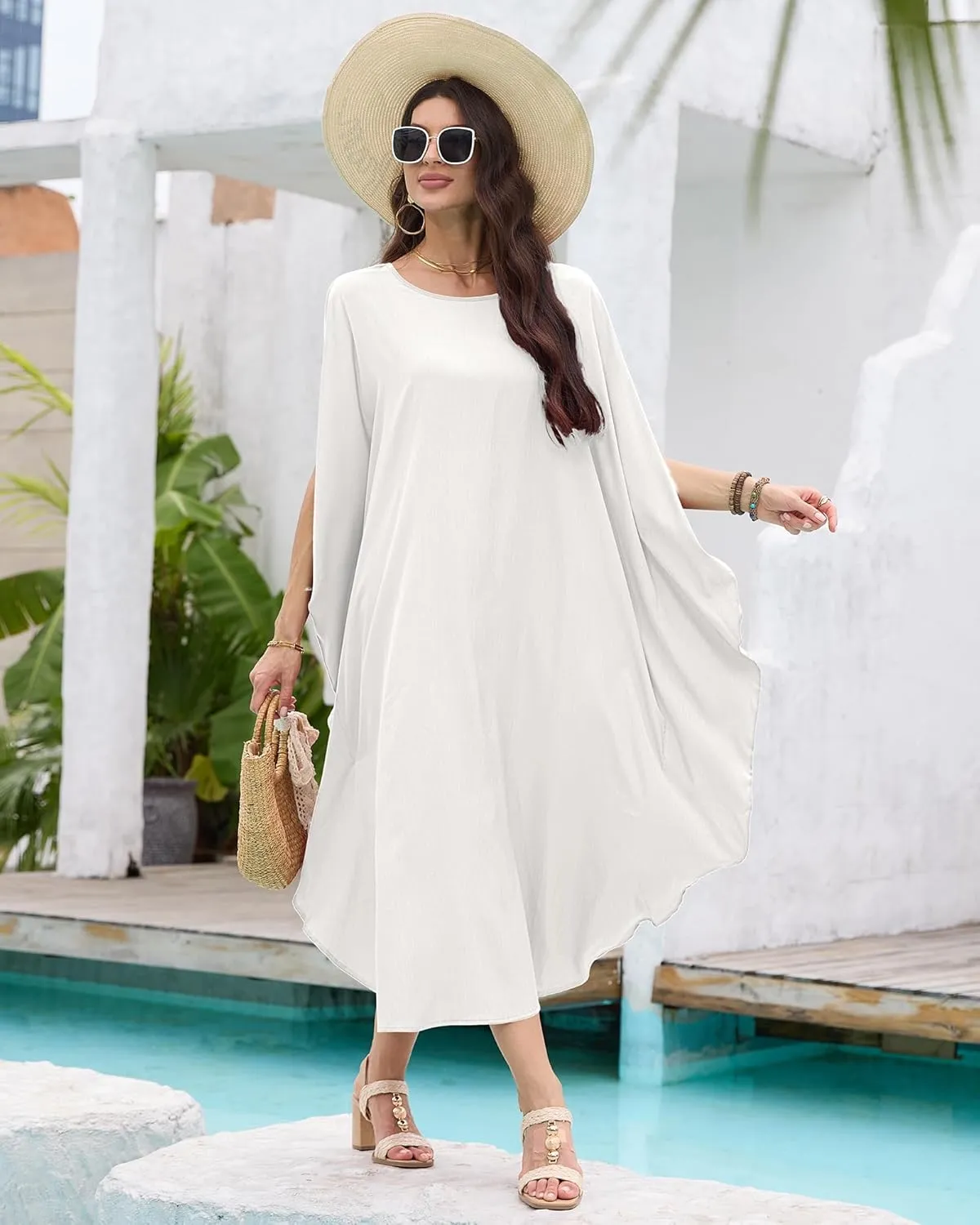 Bsubseach Kaftan Dresses for Women Batwing Sleeve Beach Cover Up Solid Color Plus Size Caftan Long Loungewear Dress