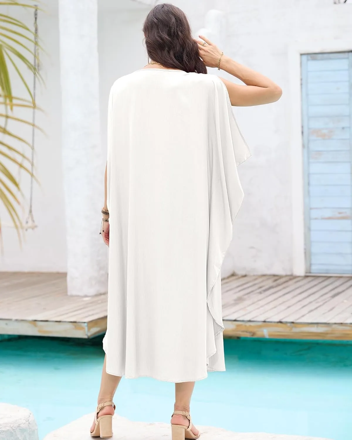 Bsubseach Kaftan Dresses for Women Batwing Sleeve Beach Cover Up Solid Color Plus Size Caftan Long Loungewear Dress