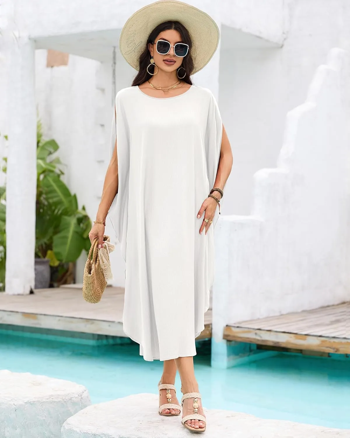 Bsubseach Kaftan Dresses for Women Batwing Sleeve Beach Cover Up Solid Color Plus Size Caftan Long Loungewear Dress