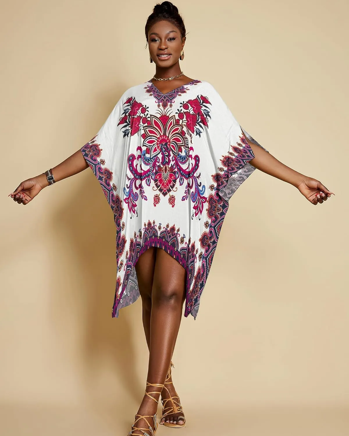 Bsubseach Short Kaftan Dresses for Women 2025 Swimsuit Cover Up Summer V Neck Caftan Beach Dress Loungewear