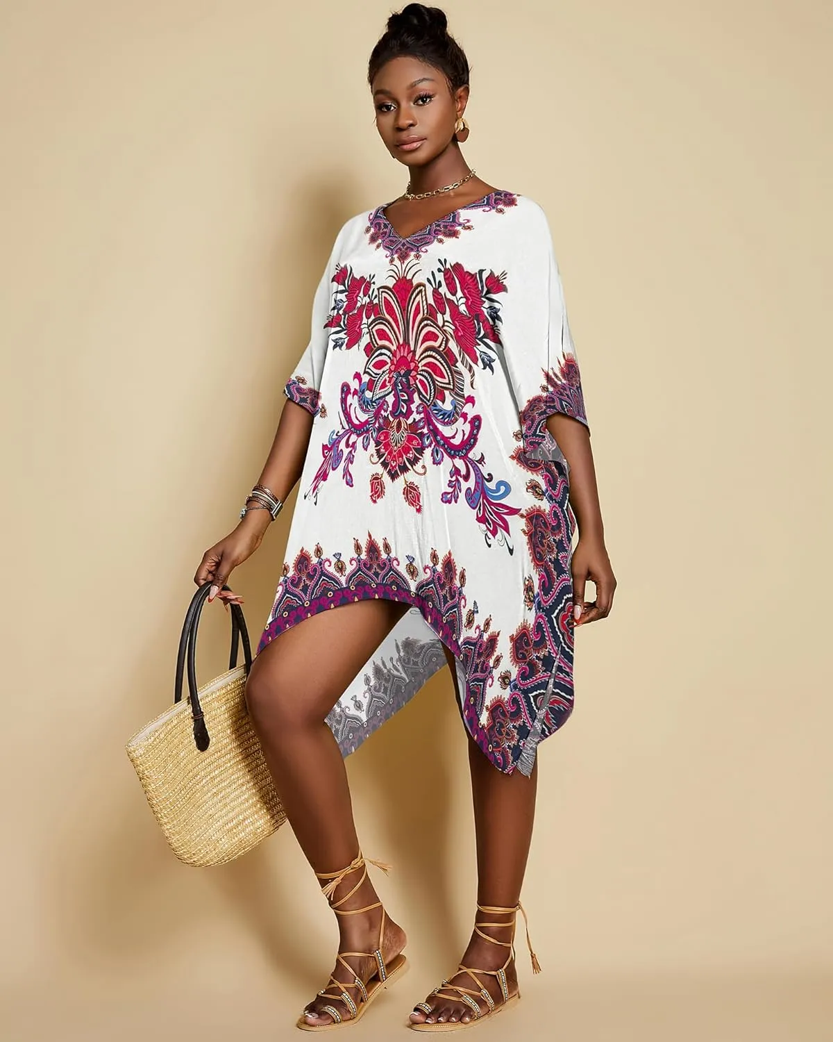 Bsubseach Short Kaftan Dresses for Women 2025 Swimsuit Cover Up Summer V Neck Caftan Beach Dress Loungewear