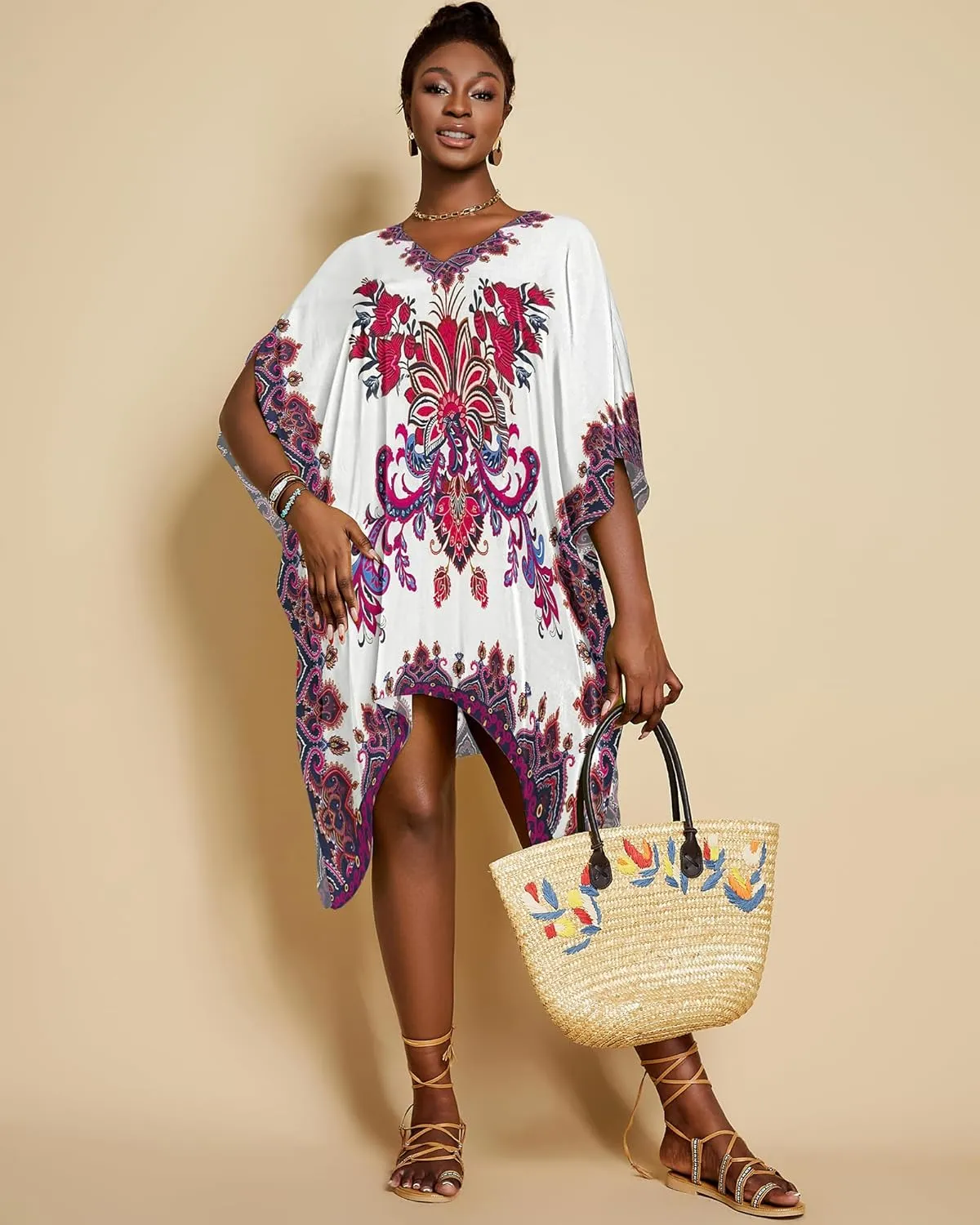 Bsubseach Short Kaftan Dresses for Women 2025 Swimsuit Cover Up Summer V Neck Caftan Beach Dress Loungewear