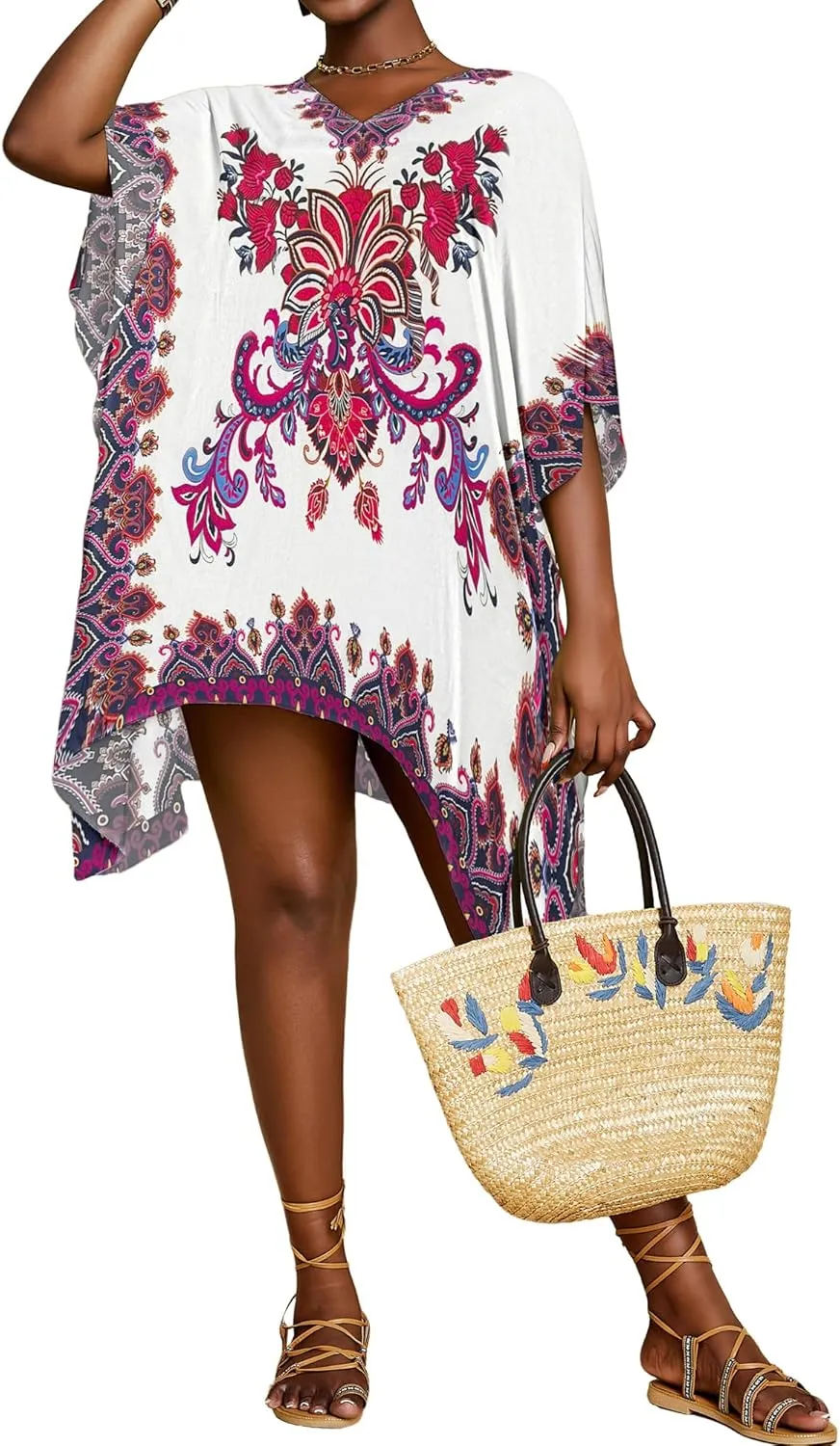 Bsubseach Short Kaftan Dresses for Women 2025 Swimsuit Cover Up Summer V Neck Caftan Beach Dress Loungewear