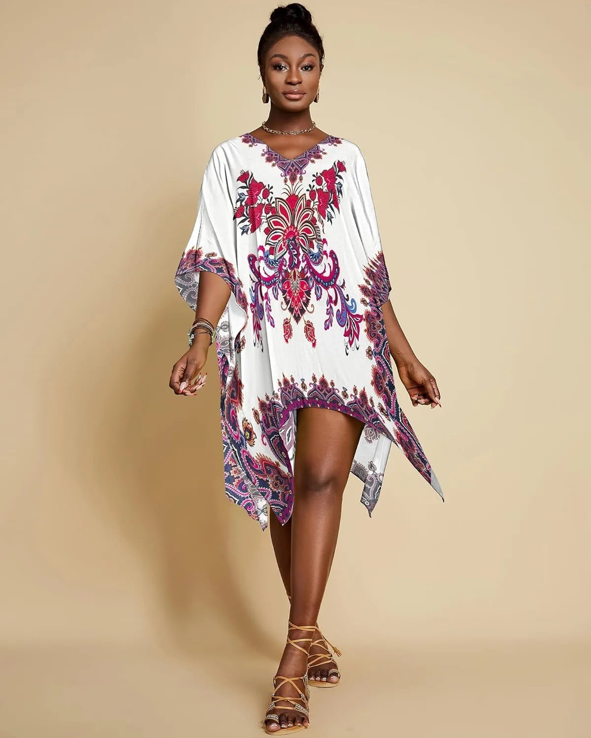 Bsubseach Short Kaftan Dresses for Women 2025 Swimsuit Cover Up Summer V Neck Caftan Beach Dress Loungewear