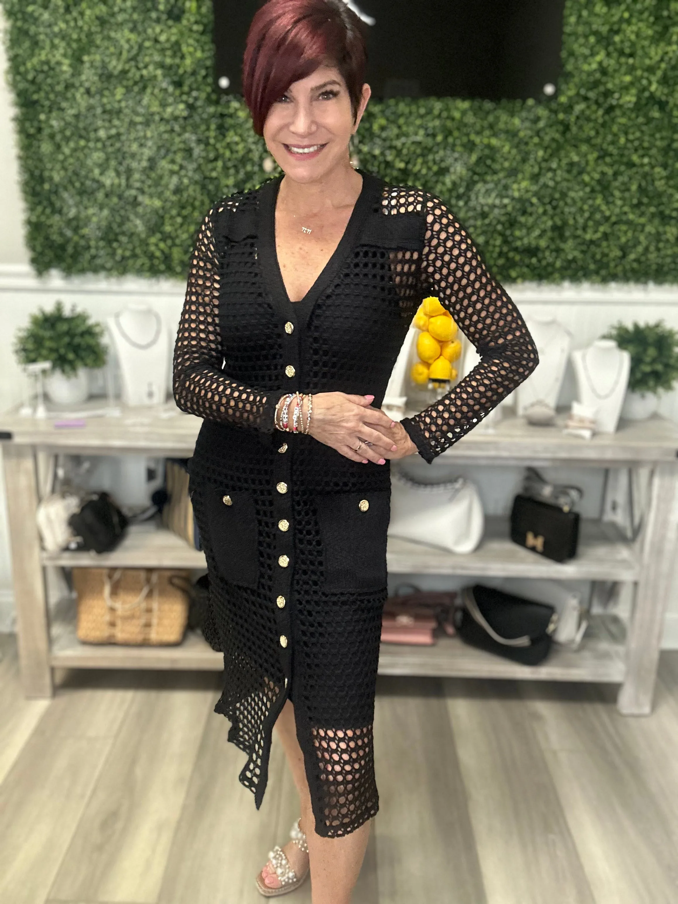 Button Up Crochet LS Dress