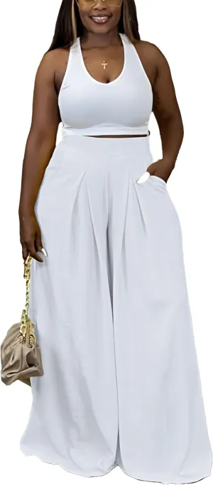 Casual Plus Size Wide Leg Palazzo Pants for Women Lounge High Waist Skirt Pants with Pockets Elastic Waistband