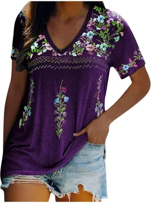 Ceboyel Mexican Shirts for Women Embroidered Peasant Blouses Top V Neck Short Sleeve T Shirts Vintage Bohemian Boho Clothes