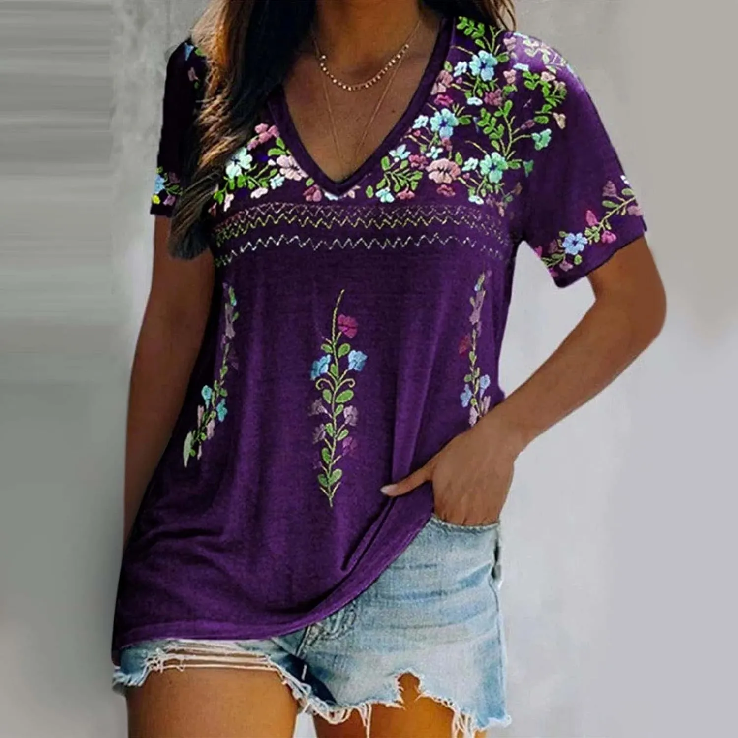 Ceboyel Mexican Shirts for Women Embroidered Peasant Blouses Top V Neck Short Sleeve T Shirts Vintage Bohemian Boho Clothes