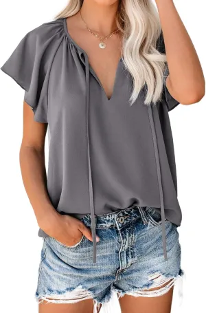 Dokotoo Women's Casual Boho Floral Printed V Neck Tops Drawstring Short Long Sleeve T Shirt Blouses
