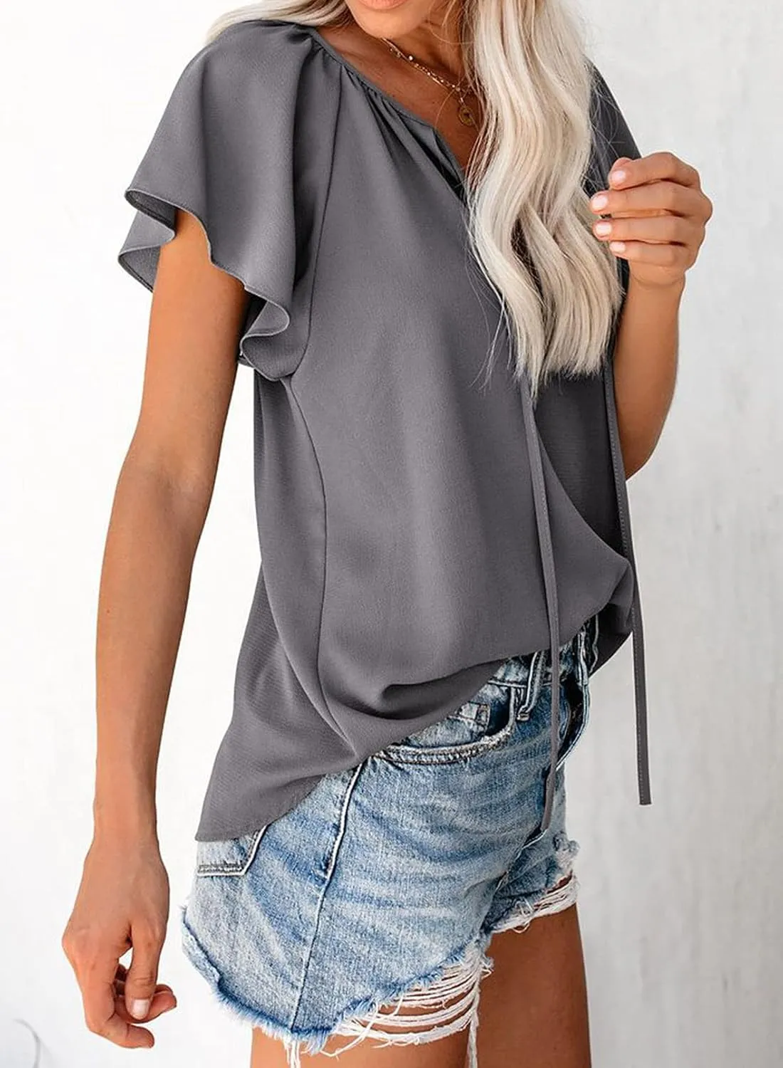 Dokotoo Women's Casual Boho Floral Printed V Neck Tops Drawstring Short Long Sleeve T Shirt Blouses