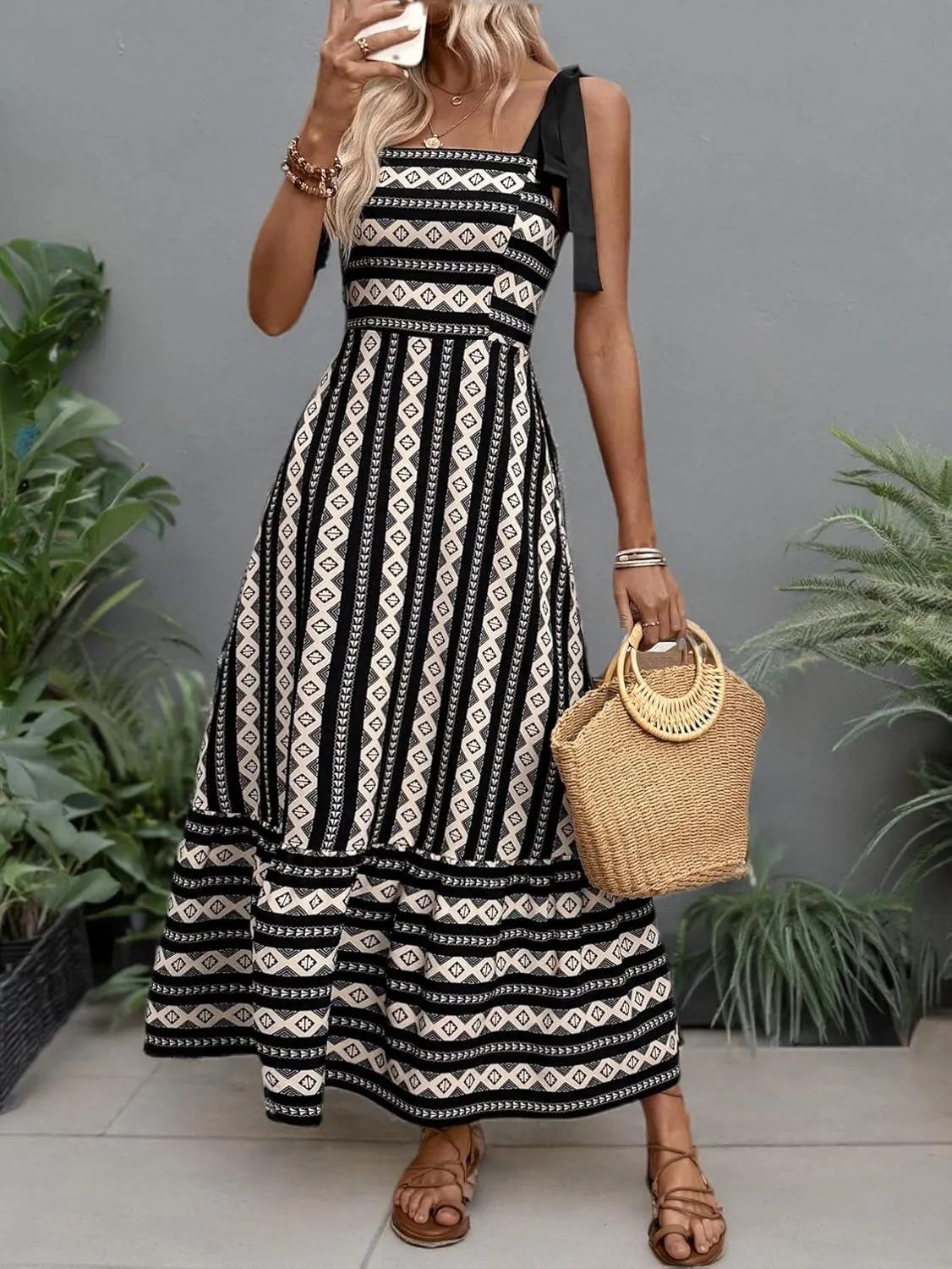 Floerns Women's Floral Print Tie Strap Square Neck Ruffle Boho Maxi Dress