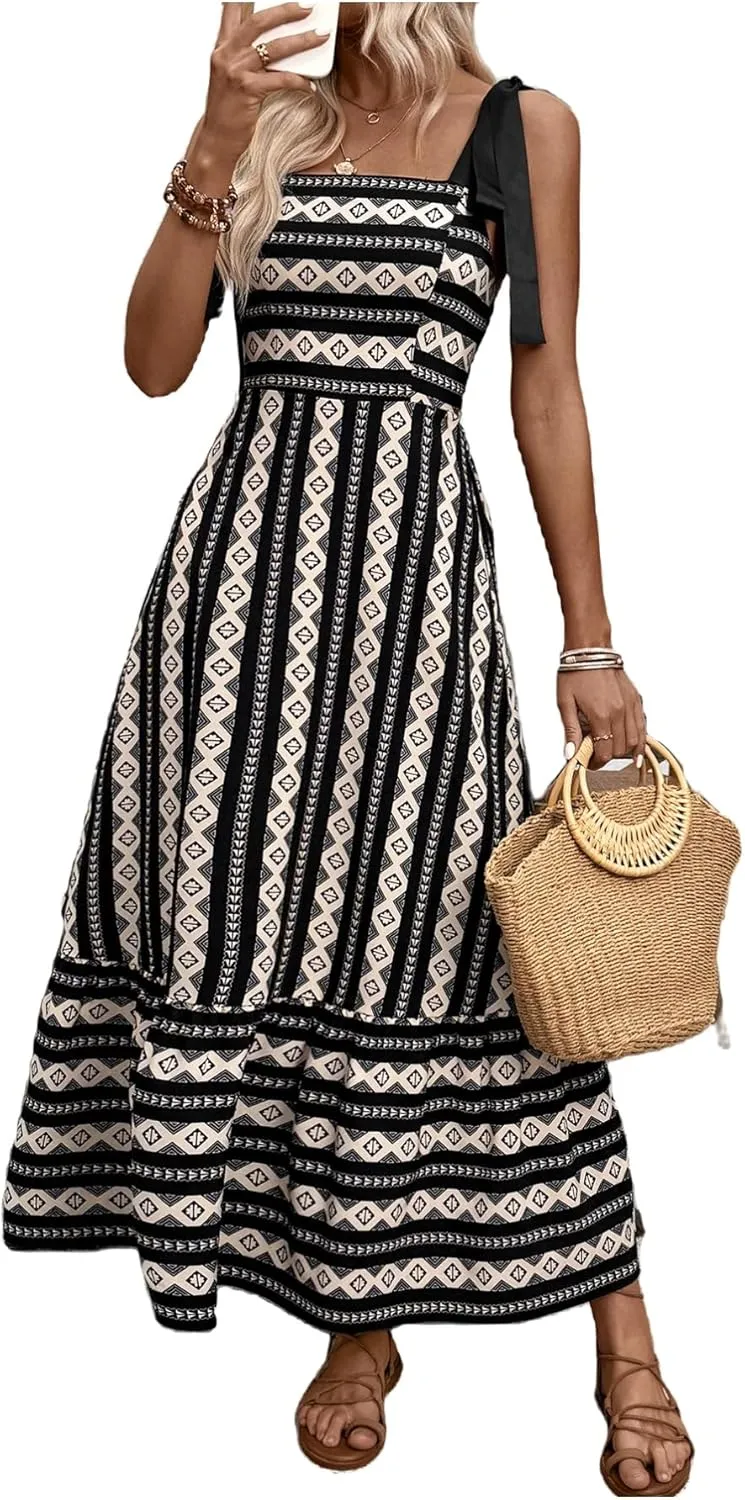 Floerns Women's Floral Print Tie Strap Square Neck Ruffle Boho Maxi Dress