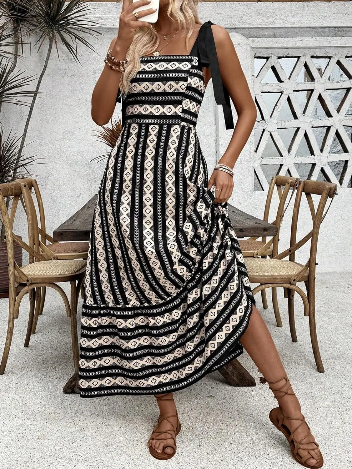 Floerns Women's Floral Print Tie Strap Square Neck Ruffle Boho Maxi Dress