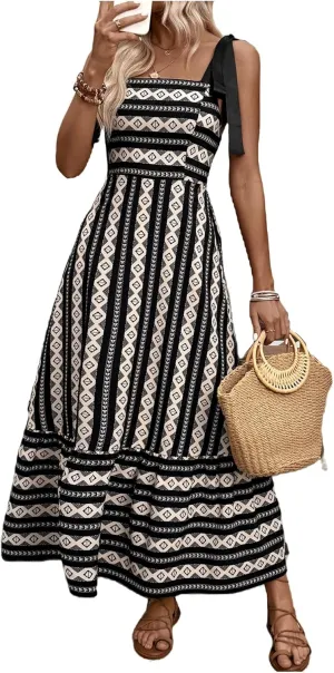 Floerns Women's Floral Print Tie Strap Square Neck Ruffle Boho Maxi Dress