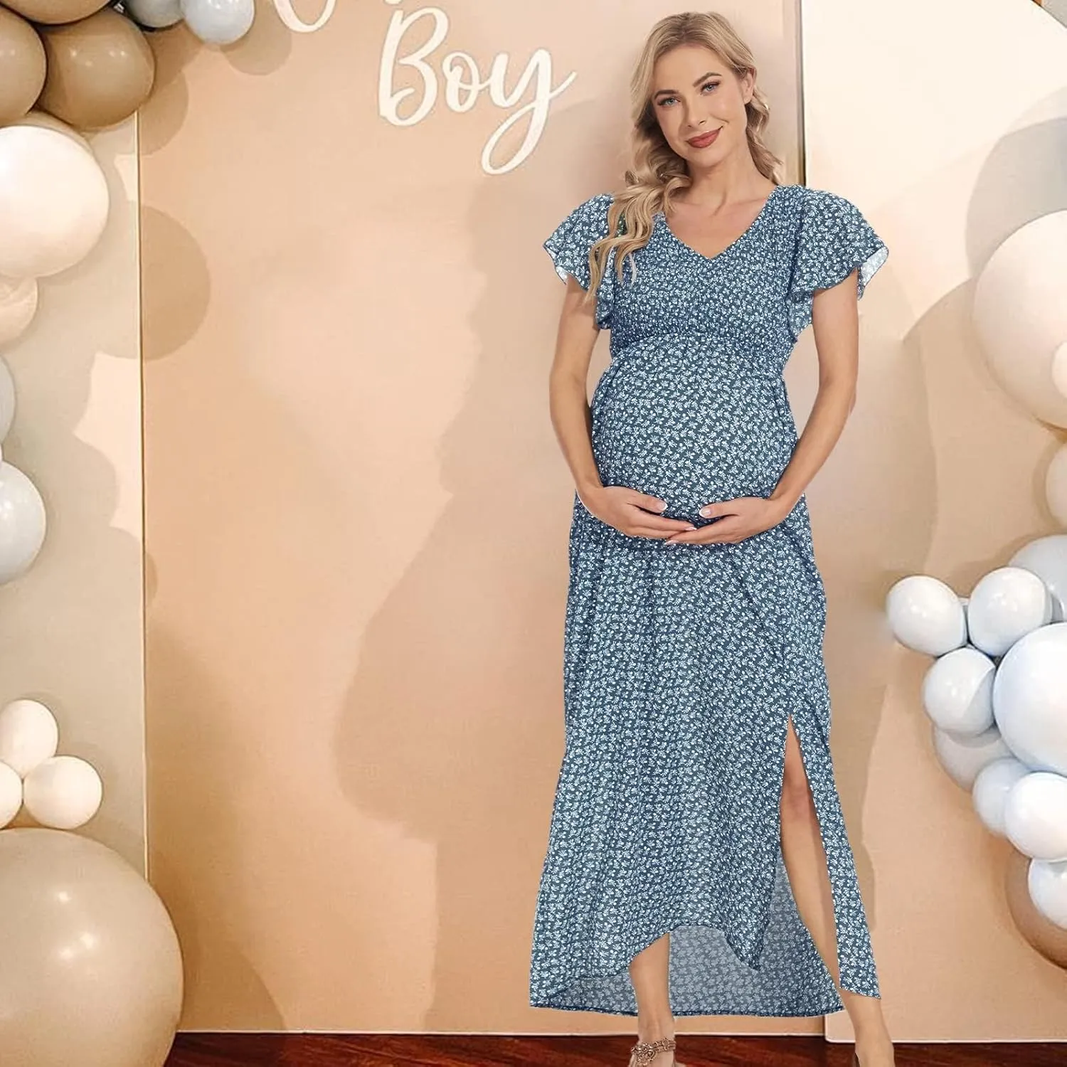 Floral Print V Neck Maternity Dress Boho Baby Shower Photoshoot Smocked Flutter Sleeve Split A Line Dress