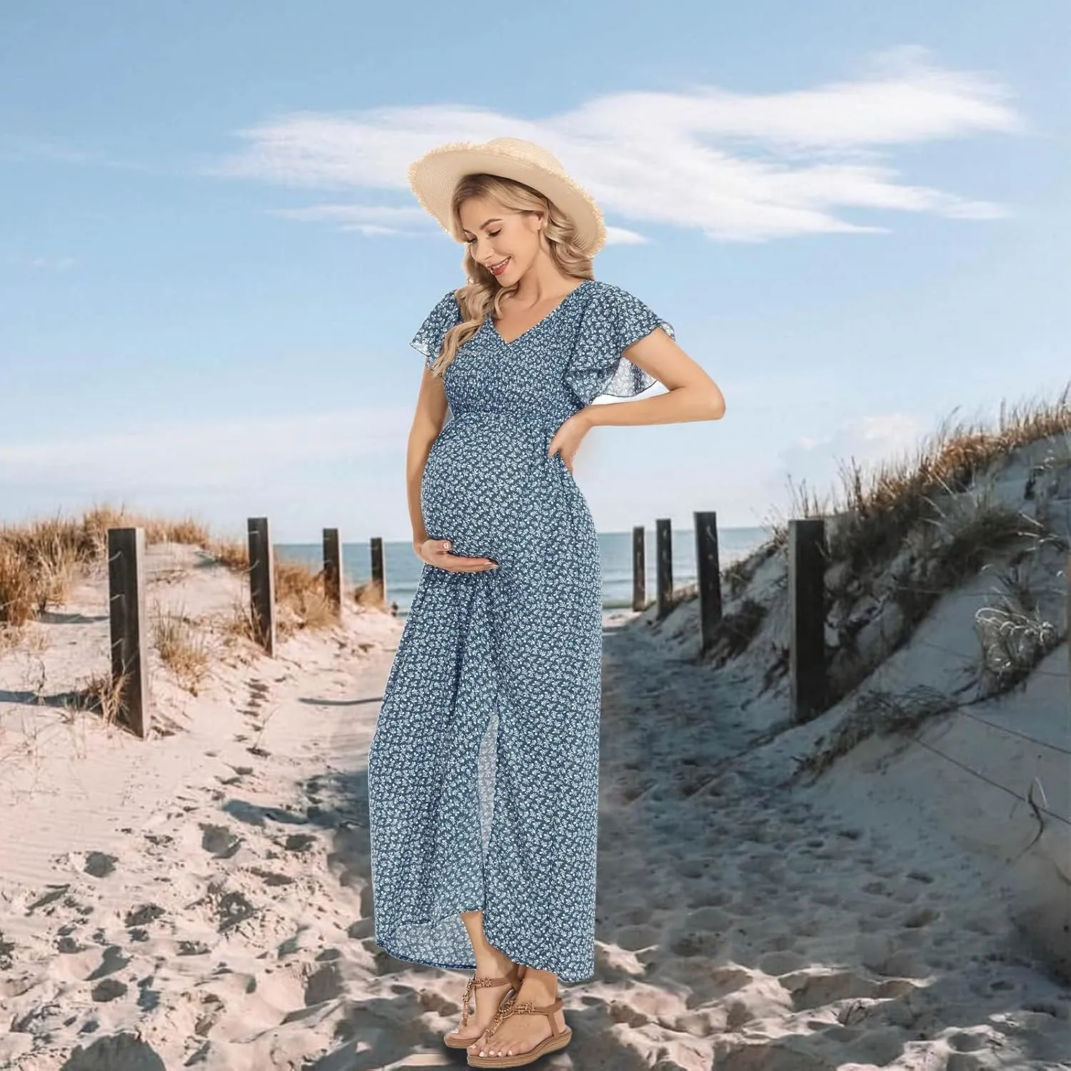 Floral Print V Neck Maternity Dress Boho Baby Shower Photoshoot Smocked Flutter Sleeve Split A Line Dress