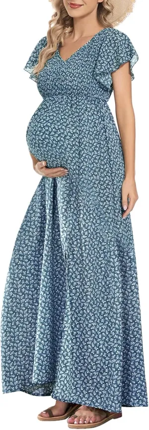 Floral Print V Neck Maternity Dress Boho Baby Shower Photoshoot Smocked Flutter Sleeve Split A Line Dress
