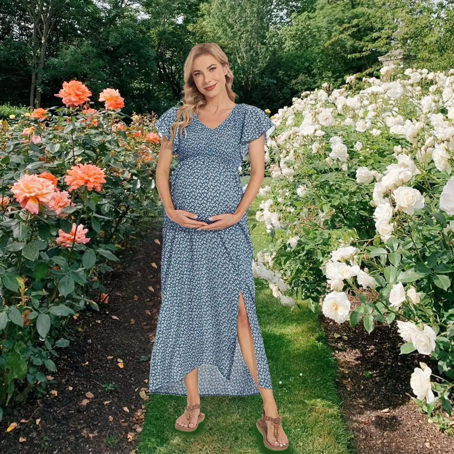 Floral Print V Neck Maternity Dress Boho Baby Shower Photoshoot Smocked Flutter Sleeve Split A Line Dress