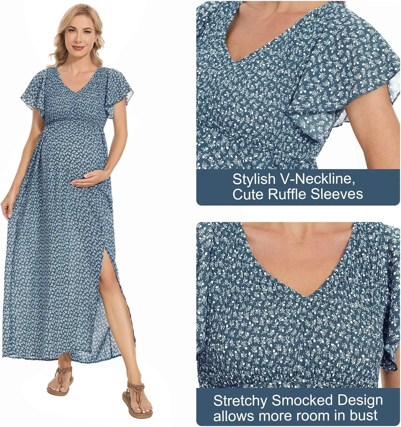 Floral Print V Neck Maternity Dress Boho Baby Shower Photoshoot Smocked Flutter Sleeve Split A Line Dress