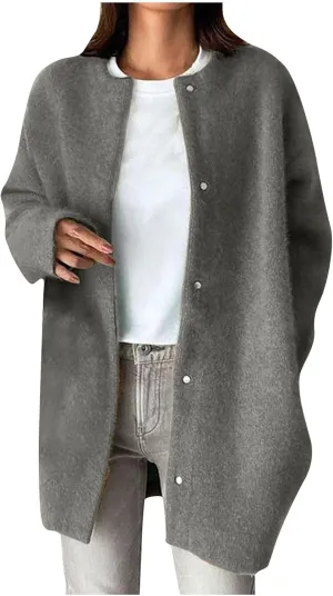 HGps8w Business Casual Wool Blend Pea Coats for Women Elegant Collarless Trench Coat Open Front Winter Overcoat Outerwear