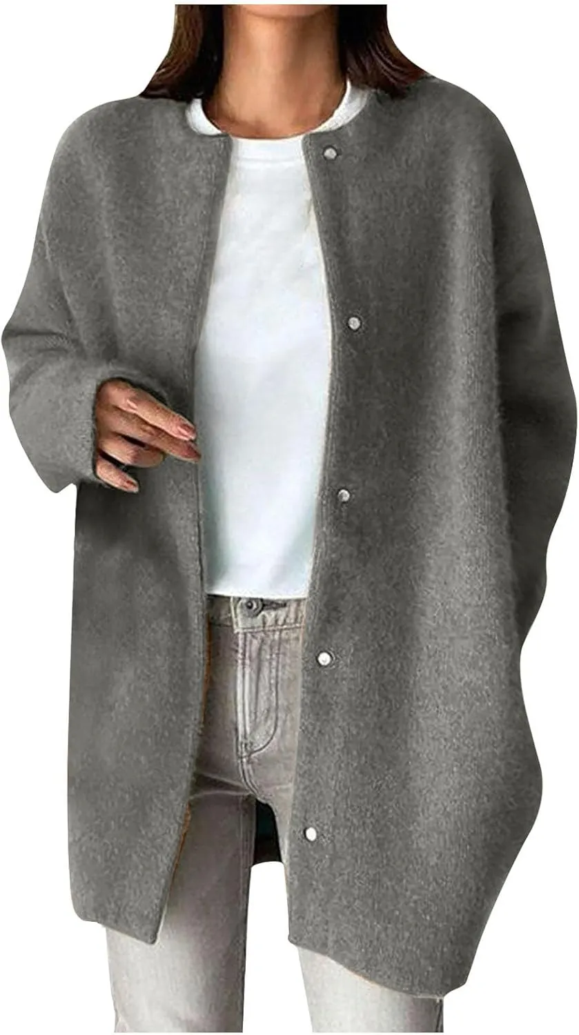 HGps8w Business Casual Wool Blend Pea Coats for Women Elegant Collarless Trench Coat Open Front Winter Overcoat Outerwear